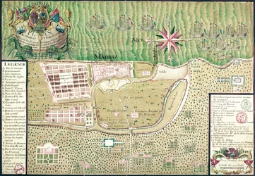 Madrasin kartta aikana, jolloin ranskalaiset valtasivat kaupungin ja Pyhän Yrjön linnakkeen vuonna 1746 Mahe de la Bourdonnais